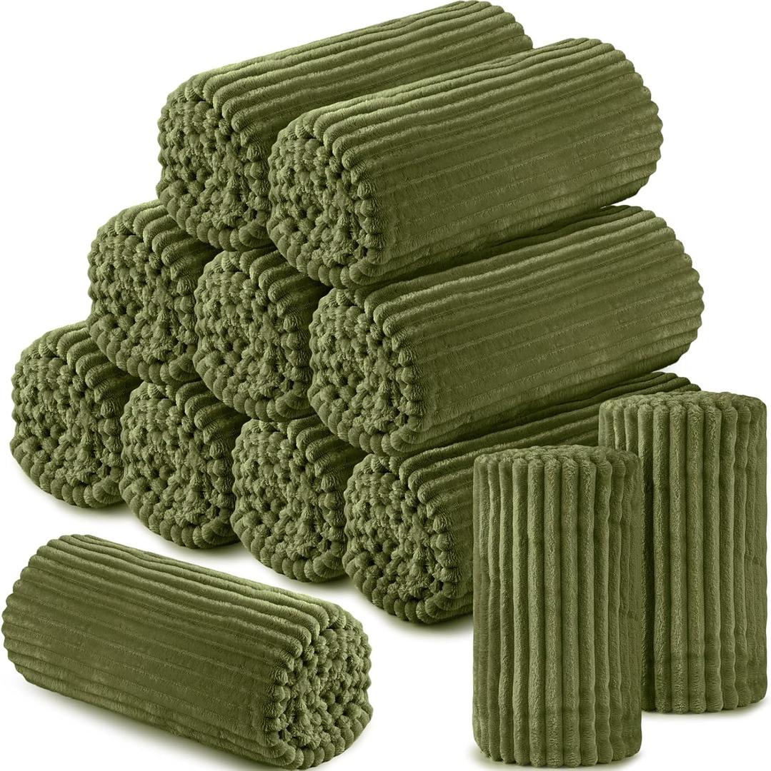 Buryeah 12 Pcs Flannel Throw Blanket Bulk 50 x 60 in Sleepover Blankets Outdoor Wedding Throw Lightweight, Oeko-TEX Standard 100 Certified for Sofa Donation Homeless Gifts, Army Green 
