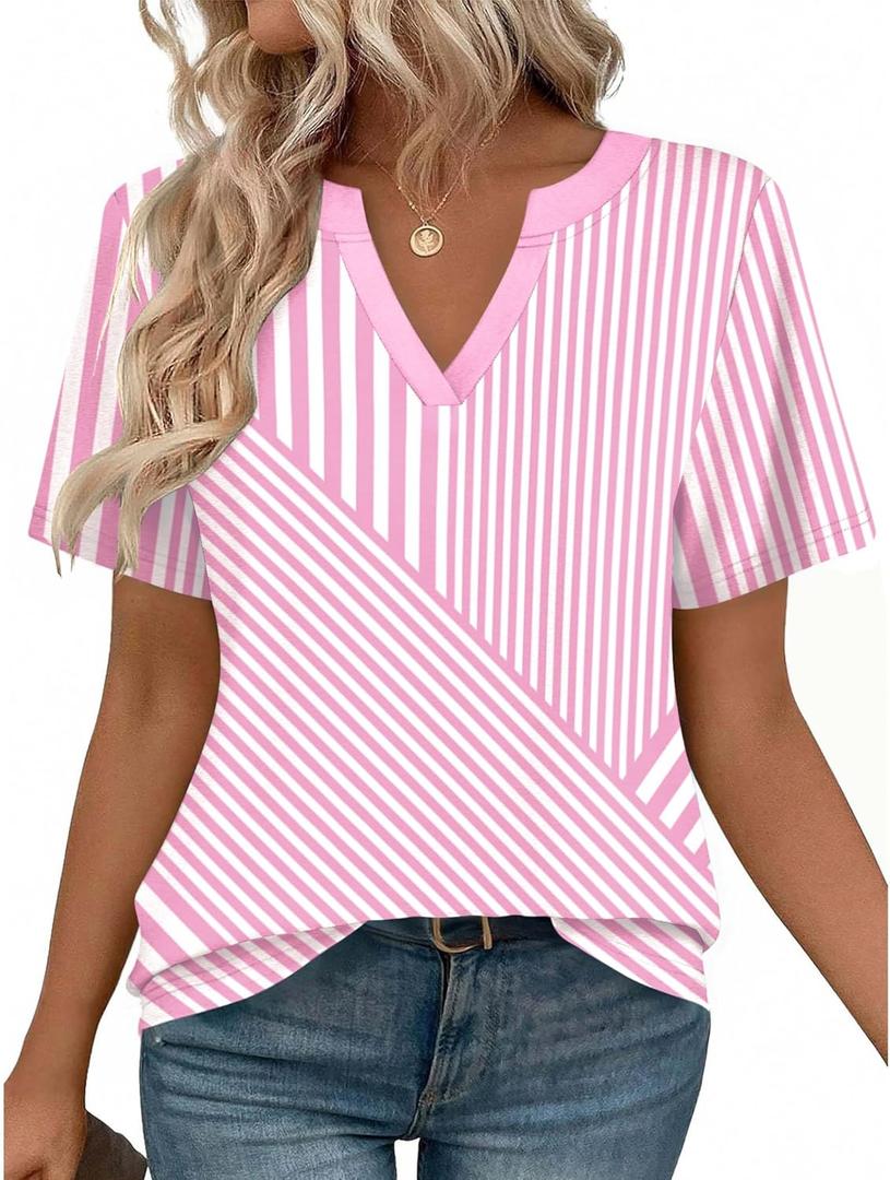 Zeagoo Womens Tops Short Sleeve V Neck Tee Shirts Cute Dressy Casual Clothing Business Work Blouse (Pink, XXL)