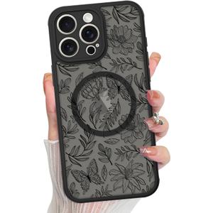 MZELQ Compatible with iPhone 16 Pro Max Case Floral Flower Cute Pattern Support for MagSafe Matte Crystal Phone Case for Girls Women