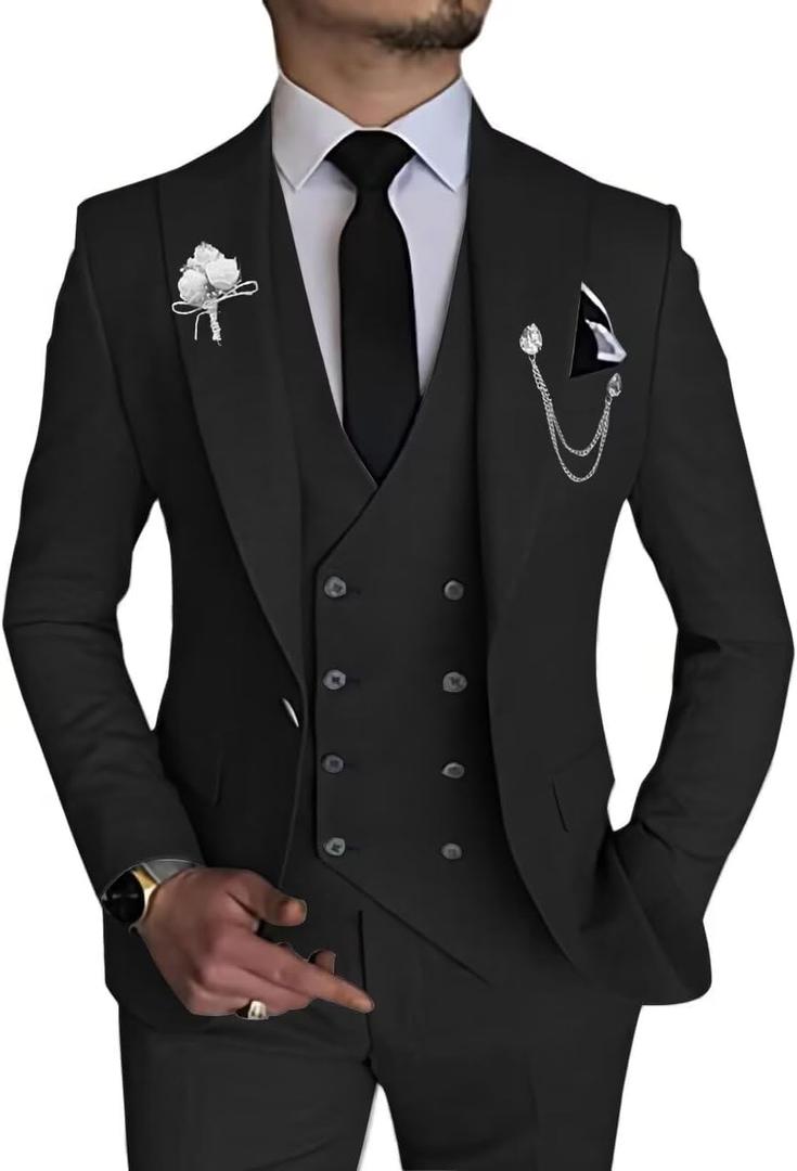 Wangyue Men's 3 Piece Slim Fit Suits Double Breasted Suit Men Formal Suit for Wedding Prom Dinner Party (Medium, Black)