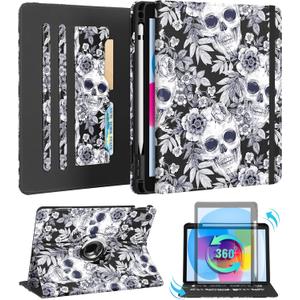 Kidcube for iPad 10th Generation Case 2022, for iPad (A16) Case 11th Generation 2025 - for Women Girls Cute Rotating Stand Folio Cover with Pencil Holder & Card Slot Flowers Goth Skull Design Cases
