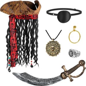 6PCS Pirate Costume Accessories for Adult,Halloween Pirate Hat with Dreadlocks,Eye Patch Earring Skull Necklace Plastic Knife Silver Ring for Men Woman Cosplay