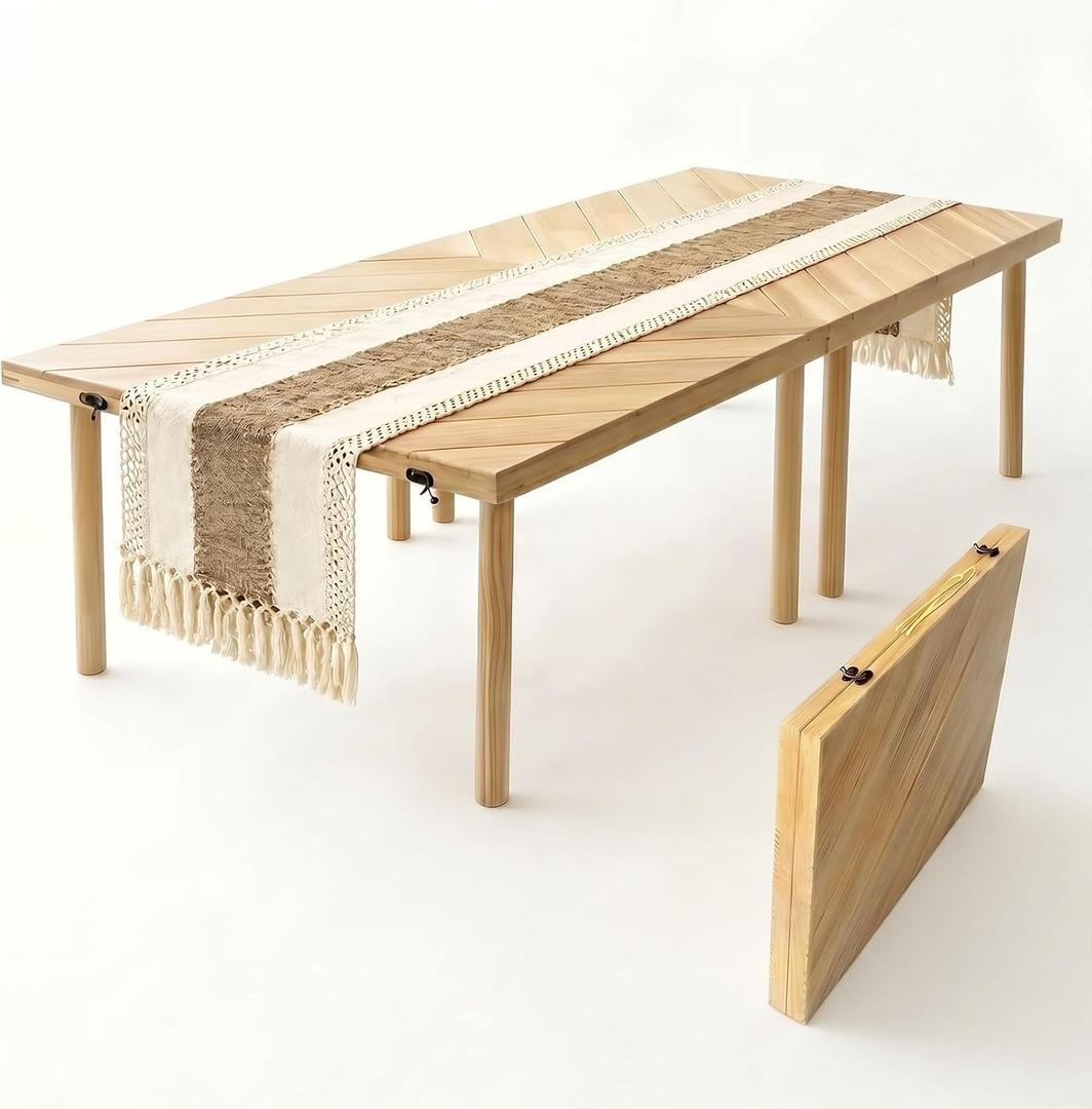 60" x 30" Folding Picnic Table with Table Runner,Upgraded 8-Legs, Extra Stable Boho Low Wood Table, Portable Large Picnic Table for Floor Seating, Adjustable Height for Beach, Wedding, Party