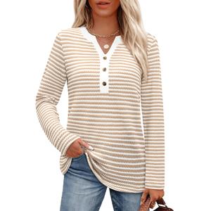 Khaki Shirt Women Striped Waffle Knit Tops V Neck Long Sleeve Blouses Dressy Casual Tunic Sweaters Trending Womens Clothes Cruise Outfits