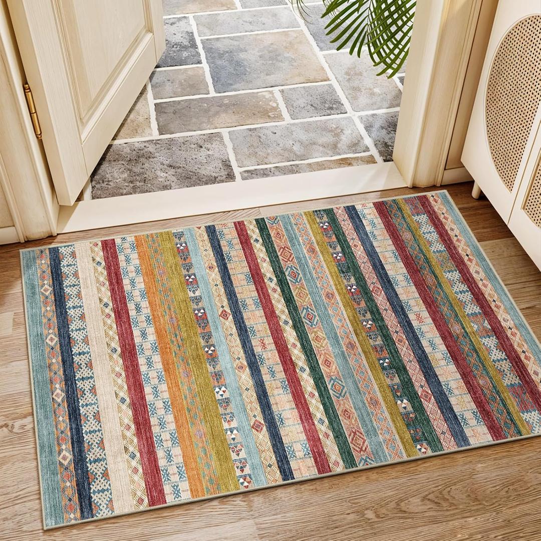 2x3 Washable Moroccan Area Rug: Geometric Boho Area Rugs for Entryway Small Mat for Kitchen with Non-Slip Backing Indoor Bedroom Door Mat Red&Blue Colourful 2'x3', Redblue
