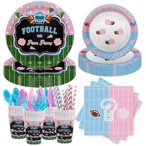 MEHOFOND 192Pcs Football Gender Reveal Party Decorations, Football Pom Poms Disposable Tableware Set, Football Paper Plates and Napkins Cups, Football Baby Shower He or She Party Decor, Serve 24