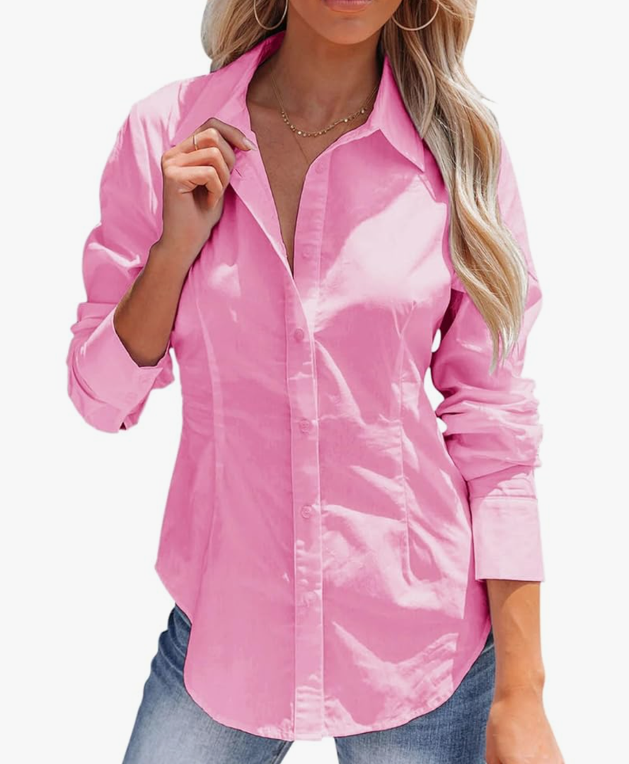 siliteelon Women's Button Down Shirts Long Sleeve Dress Shirts Wrinkle Free Collared Work Office Solid Blouses Corset Tops, Size XL