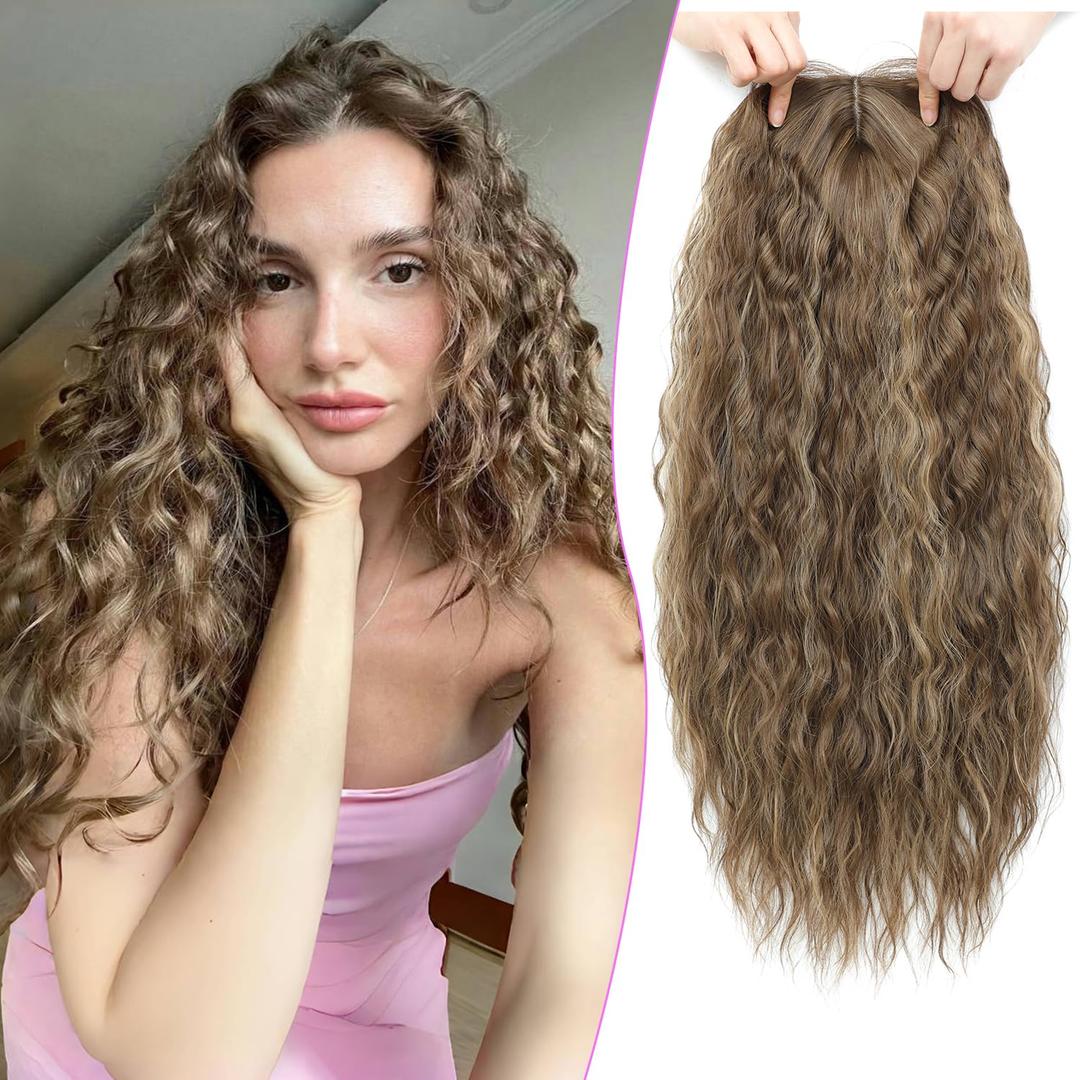 PANEWAY Curly Hair Topper Lightweight, Natural-Looking Hairpiece for Women, Easy Clip-In Hair Extensions for Instant Volume & Coverage (Light Brown Mix Blonde)