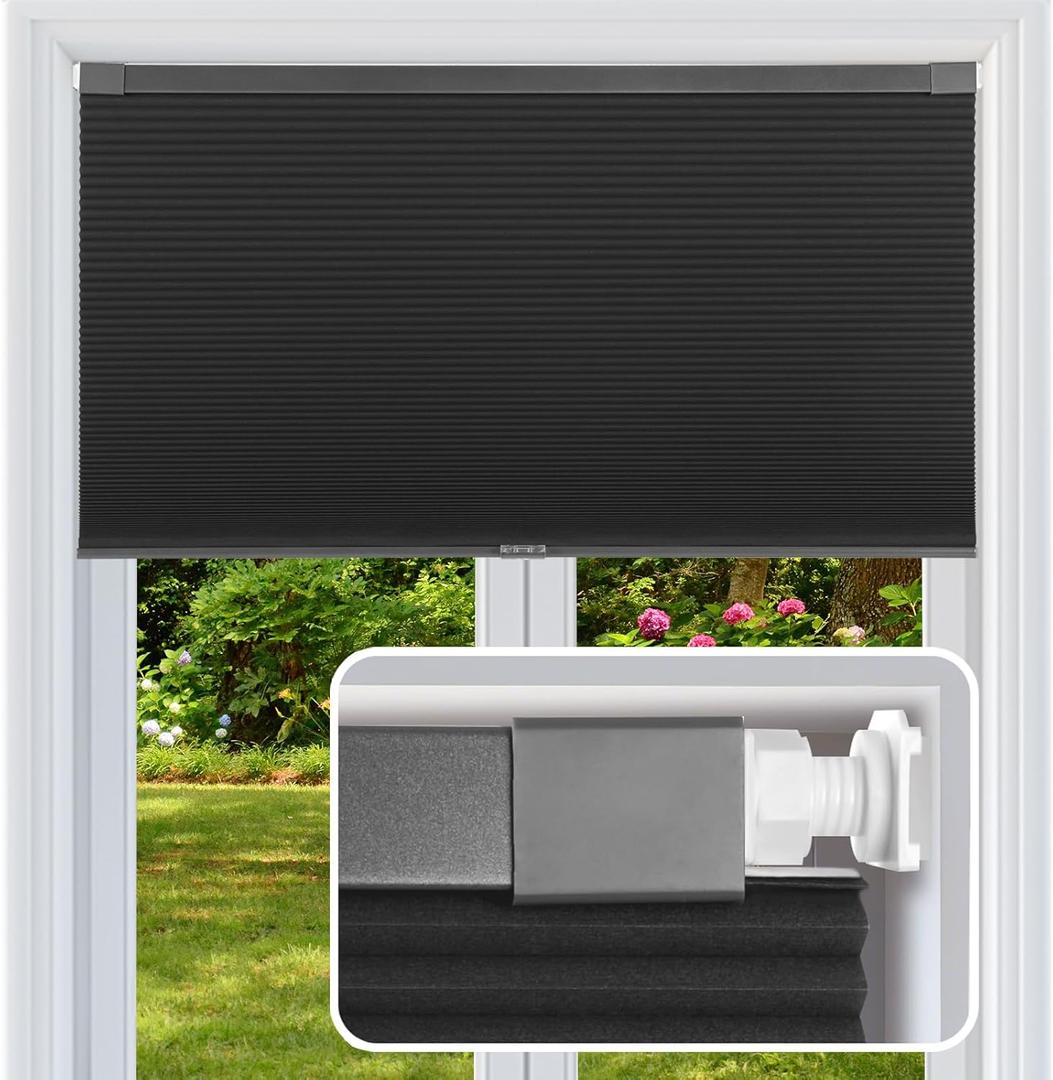 No Drill Cellular Shades Cordless Blackout Honeycomb Blinds 25"Wx64"H Black