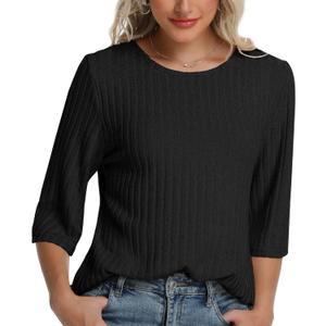 Women Fall Outfits Sweaters Tunic Tops Loose Fit Dressy 3/4 Sleeve Crew Neck Business Casual Blouses Shirts 2026 (Black, S)