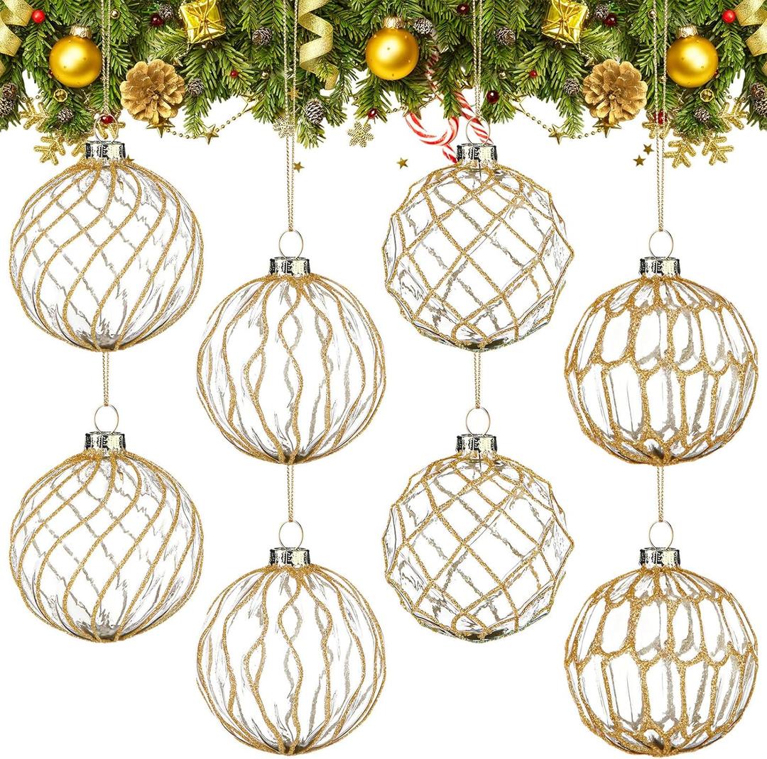8 Pcs Glass Christmas Tree Ornaments 3.15 Inches Vintage Glass Ball Farmhouse Ball Hanging Ornaments Set for Christmas Tree Party Holiday Indoor Decor(Clear, Gold)