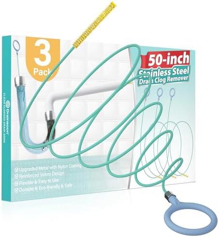 50 Inch Drain Snake Drain Hair Remover (3 Pack), Anti-break Metal Sink Snake Drain Clog Remover, Long Drain Cleaning Tool Plumbing Snake for Shower Drain, Kitchen Bathtub, Bathroom Sink Cleaning