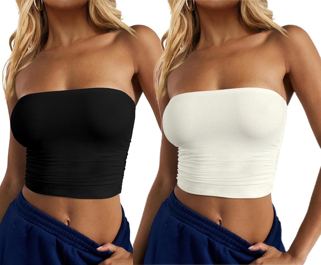CSDAJIO Women's Casual Ruched Side Strapless Crop Tube Top Ribbed Knit Bandeau Top Summer Skinny Shirt (Medium, 2pcs Black White)