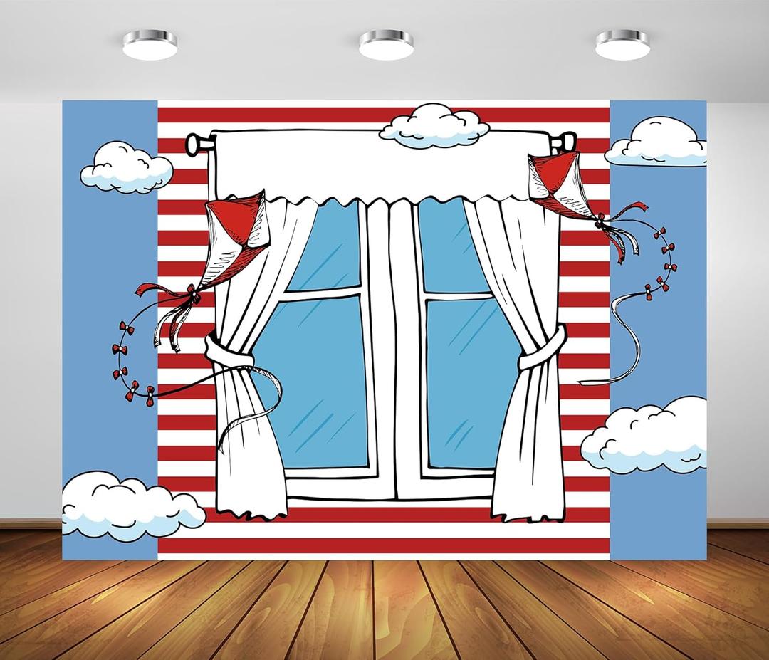 BELECO 10x8 Ft Fabric Cartoon Window Kite Backdrop Red White Striped Kite Kids Birthday Party Background Boys Girls 1st Birthday Cake Table Banner Baby Shower Party Decorations Photo Studio Props (N5-a60133)