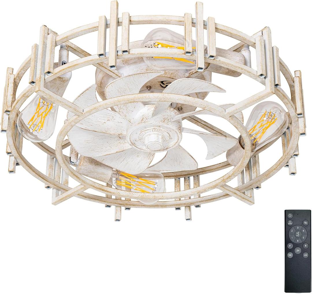20'' Low Profile Ceiling Fan with Light and Remote 6-Speed Retro Industrial Ceiling Fans with Lights Quiet Reversible Motor,Timer,Ceiling Fan for Bedroom,Kitchen,Living Room (White)