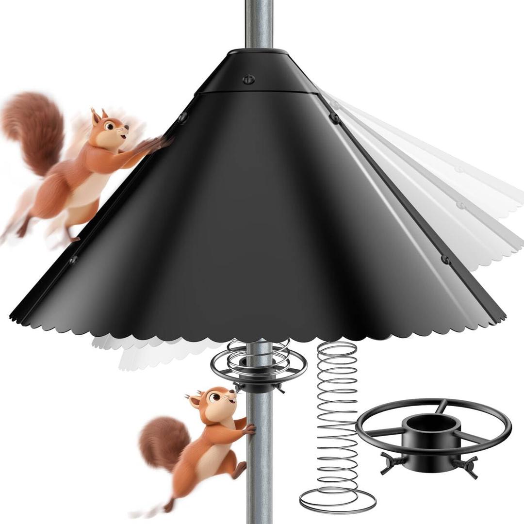Metal Squirrel Baffle - Heavy Duty Squirrel Baffle for Bird Feeder Pole - Chew Proof Squirres Guard with Spring for Better Defense, Outside Pole Mount for Bird Feeder, 19 Inch