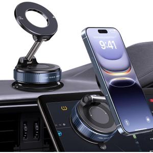 3 x 360 Rotatable Vacuum Magnetic Phone Holder, Foldable and Retractable Suction Cup Car Phone Mount for Car/Gym/Mirror/Smooth Surface, Compatible with iPhone Android and All Smartphones (Black)