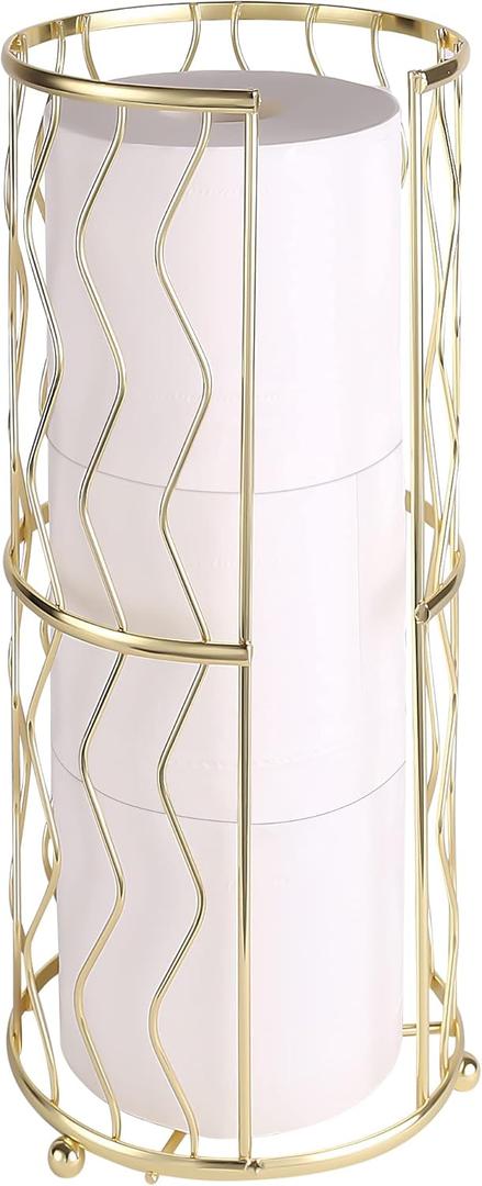 Decorative Metal Standing Toilet Tissue Holder for Bathroom/Powder Room, Compact Tissue Reserve for 3 Rolls of Toilet Paper Gold