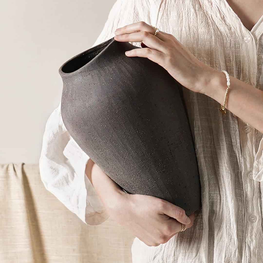 Ceramic Vase - Large 11.8 Inch Tall Floor Vase for Centerpieces, Farmhouse Flower Vases, Rustic Minimalist Home Decor for Living Room, Enterway, Wedding (Sandstone Dark Gray)