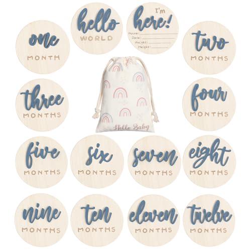 Burbell 7 Pack 3D Baby Monthly Milestone Card Signs Baby Announcement Sign Double Sided Hello World Newborn Signs Wooden Circles Discs for Welcome Newborn Boy Girl Photo Props(Slate Blue, Letter)