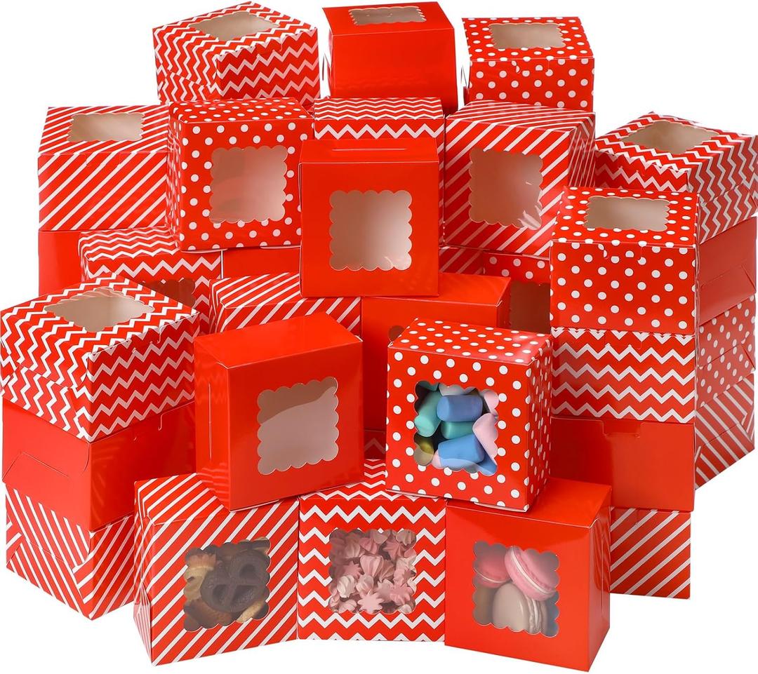 100 Pcs Valentine's Day Cookie Boxes for Gift Giving 4 x 4 x 2.5 Inch Small Red and White Bakery Treat Boxes with Window for Holiday Party Dessert Candy Pastry Cupcake Donut Packaging