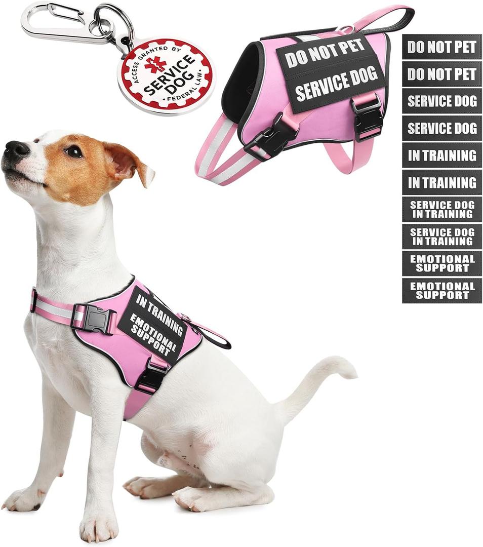 Service Dog Vest Harness+ID Tag+10 Patches,Metal Serivce Dog Tag&Reflective Emotional Support Dog Vest with Handle for Small Dogs,Easy Put On/Off for Training/Walking/Everyday Pink,XS