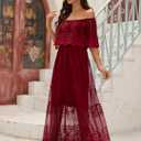 Women's Off The Shoulder Embroidered Lace Maxi Wedding Dress Boho Wedding Guest Formal Party Maternity Photoshoot Dresses (Red, XXL)