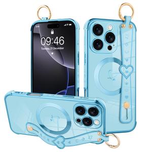 MOWIME Magnetic for iPhone 16 Pro Case with Wrist Strap, Cute Love Heart Pattern for Women Girls Soft Plating Bumper Anti-Scratch Protective Cover with Adjustable Wristband Kickstand, Blue