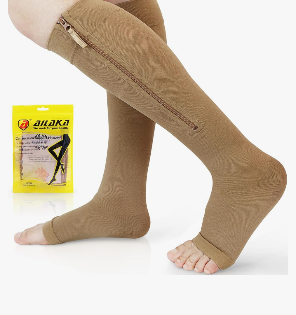 Ailaka Zipper 20-30 mmHg Compression Socks for Women & Men, Knee High Open Toe, XXL