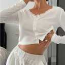 WDIRARA Women's V Neck Button Down T Shirts Lace Trim Long Sleeve Tee Crop Top (White, S)