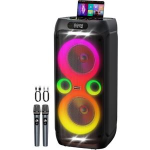 Karaoke Machine for Adults 24 Hour Non-Stop Big Party Speaker Bass Boost w/Double 8" Woofer Portable Bluetooth Speaker, 2 Wireless Microphone, DJ Mode/AC Power/Guitar Input