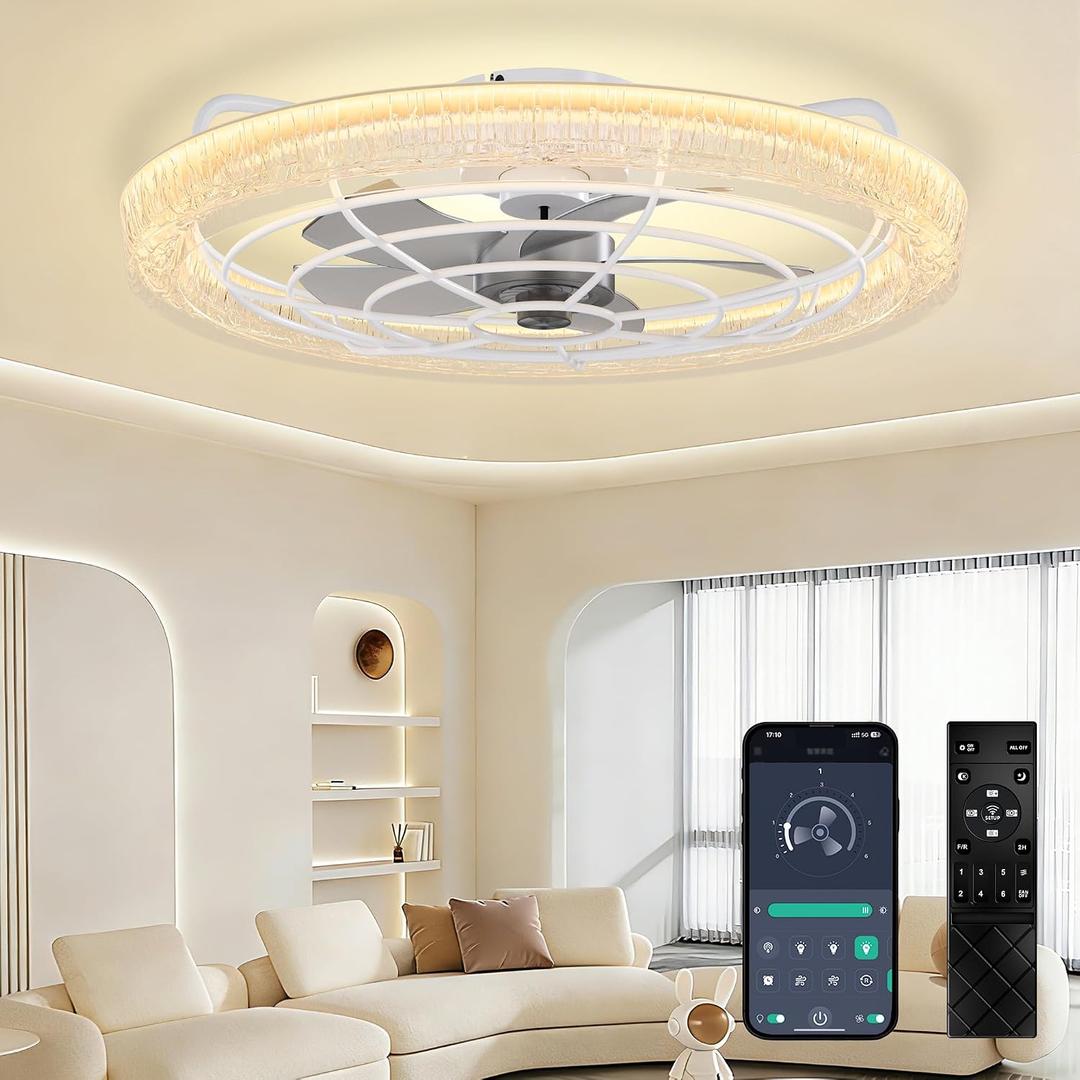 24in Low Profile Ceiling Fans with Lights and Remote, 3000-6500K Dimmable LED Fan Light, Flush Mount Bedroom Ceiling Fan, 6 Wind Speeds Bladeless fandelier with APP for Kitchen Balcony Office Gym