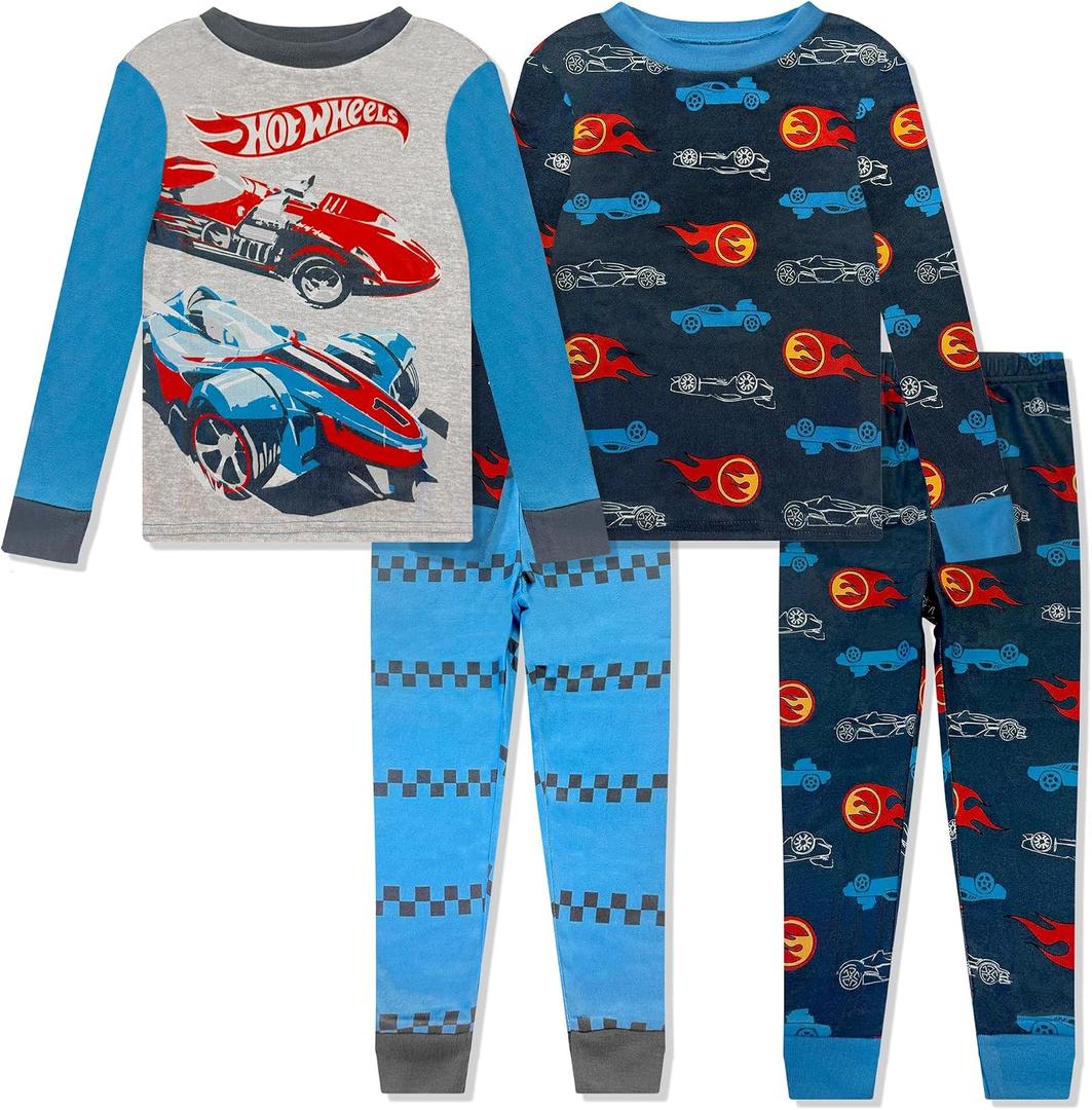 Hot Wheels 4 Piece Boys Pajama Set - Long Sleeve Shirt & Pants Soft Tight Fit PJs, Kids Toddler Sleepwear - Official License, 4, Blue