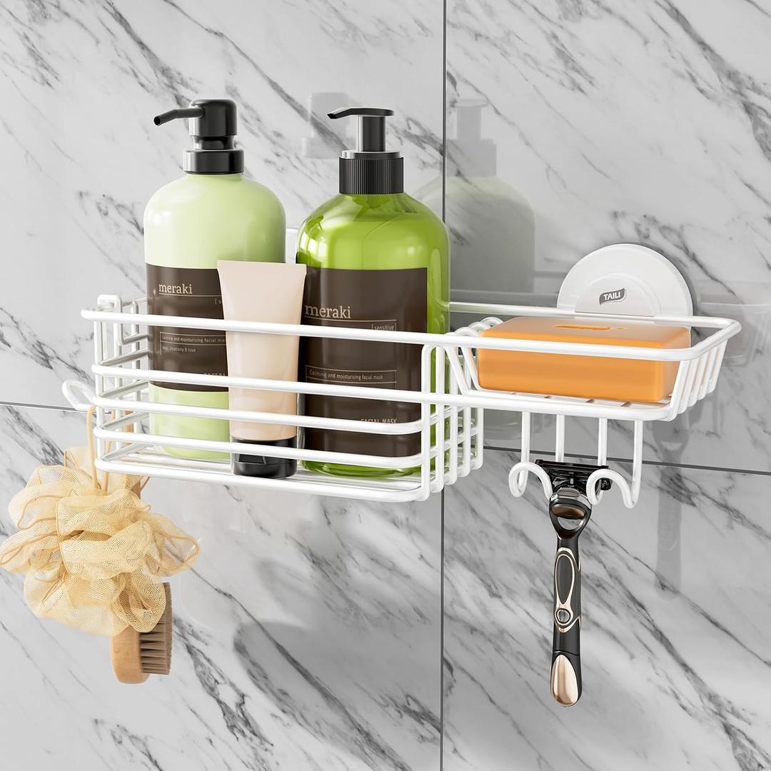 TAILI Shower Caddy Suction Cup with Hooks & Soap Holder, Heavy Duty Bathroom Shower Organizer, No Drilling Shelves for Inside Bathroom, Metal Storage Basket