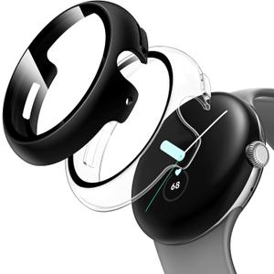 2 x TAURI 2 Pack Hard Case for Google Pixel Watch 3 (2024)/Series 2 1 41mm With 9H Tempered Glass Screen Protector, [Touch Sensitive] [Full Coverage] Cover, 1 Clear 1 Black