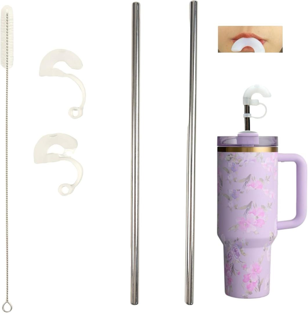 Anti Wrinkle Silicone Tipped Straw Set (Stainless Steel), Drinking Straw for Stanley 40 oz 30 oz Tumbler, Reusable Wrinkle Free Long Metal Straw for Lip with Cleaning Brush