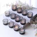 VOHO Classic Grey Tealight Candle Holder for Modern Home Decor, Set of 12 Tea Light Candle Holder Glass Ribbed Gifts for Thanksgiving Holiday, Small Votive Candle Holders for Birthday Themed Party