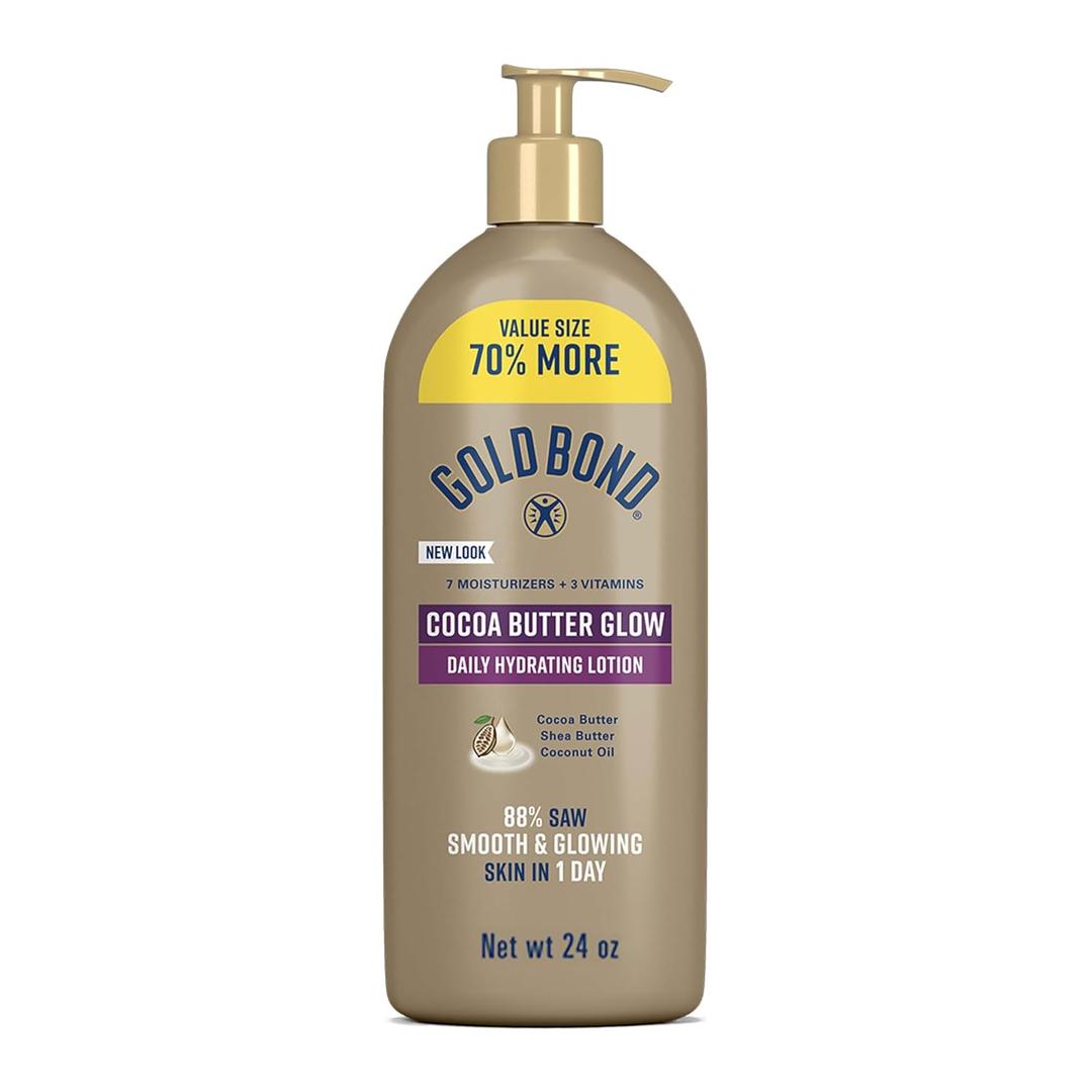 Gold Bond Cocoa Butter Glow Daily Hydrating Lotion with Shea Butter, Cocoa Butter & Coconut Oil, Exfoliating Moisturizer for Dry Skin, 24 oz. (24 Fl Oz (Pack of 1))