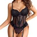Avidlove Lingerie for Women Sexy Lace Bodysuit Deep V Teddy Lingerie One Piece Mini Babydoll (Small, Black)