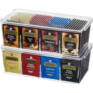 Lifewit 2 Pack Plastic Stackable Tea Bag Organizer, Divided Storage Bin Box for Kitchen Cabinets, Countertops, Pantry, Hold Coffee Pods, Sugar Packets, Condiments, 8 Sections (16-compartment, Clear)