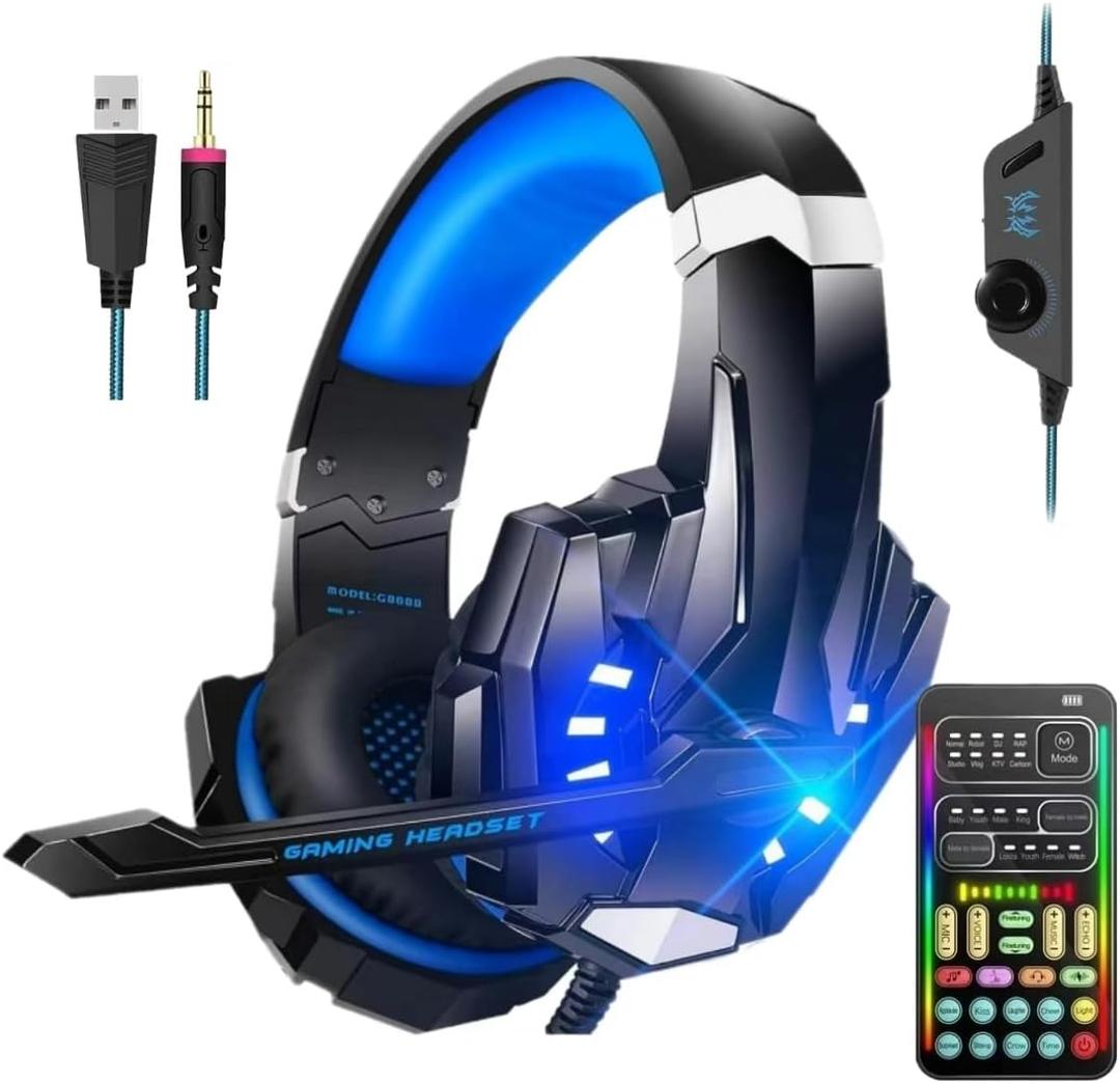 sktome Gaming Voice Changer Headset with Mic, Cool LED Light Over-Ear Headphones with Volume Control, Noise Reduction Voice Changer Gaming Headset for PS4/PS5/Xbox One/PC/Phone/Laptops (Blue)