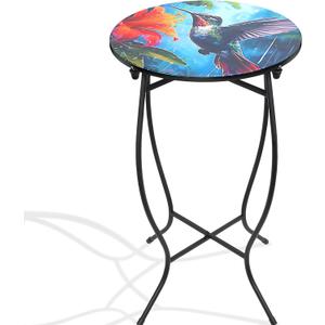 Outdoor Side Tables for Patio, 21" High Round End Table, Weather Resistant Metal Patio Accent Table Indoor and Outdoor End Table for Yard, Garden, Living Room, Bistro, Halloween (Hummingbird)