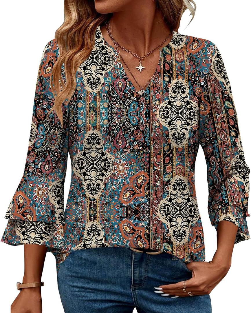 IEEILULU 3/4 Length Sleeve Womens Tops V Neck Tunics Ruffle Sleeve Tops Blouses for Women Dressy Casual (Blue, M)