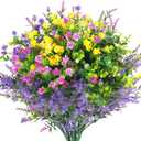 Hananona 12 Pcs Artificial Flowers Outdoor, Faux Artificial Plants UV Resistant Plastic Flower Bulk for Hanging Planter Porch Window Home Wedding Fall Summer Decor (12, Fuchsia, Purple, Yellow, Green)