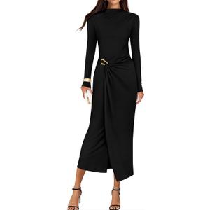 ZESICA Women's 2026 Spring Long Sleeve Bodycon Dress Mock Neck Wedding Guest Cocktail Party Long Midi Dresses (Black, Small)