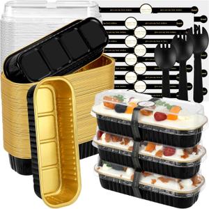Mini Loaf Pans with Lids and Spoons (100 Pack, Black-gold, 6.8oz) Rectangular Aluminum Foil Baking Pans