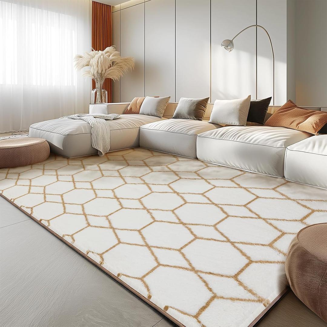 Area Rug for Living Room Bedroom, 5X7 Feet Soft Shaggy Rug, Plush Fluffy Rugs, Modern Moroccan Geometric Carpets, Anti-Skid Durable Carpet for Kids Dorm Nursery, Home Decor Aesthetic, White and Beige