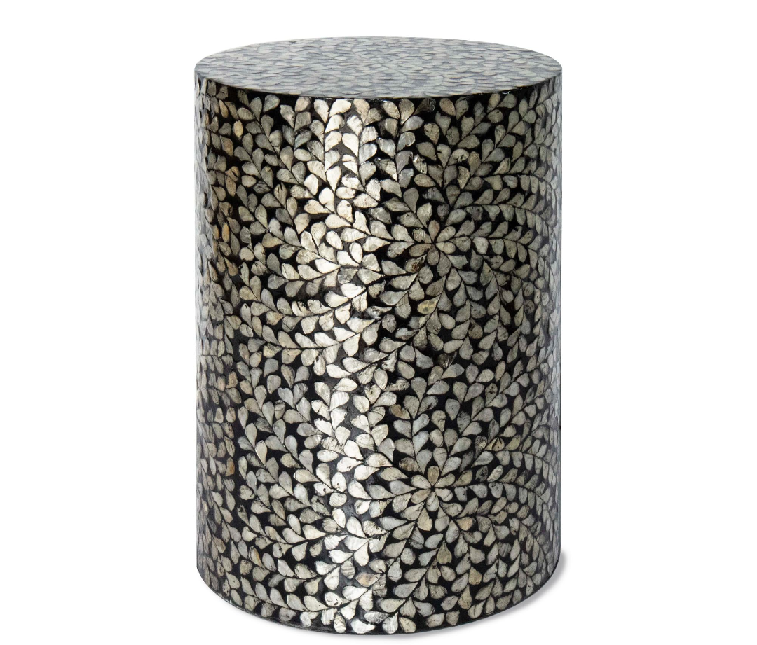 PEMAR Mother of Pearl Inlaid Cylinder Drum End Table Nacre Capiz Shell Side Table Stool Round Coffee Bedside Accent Nightstand and Vanity Stool (Black)