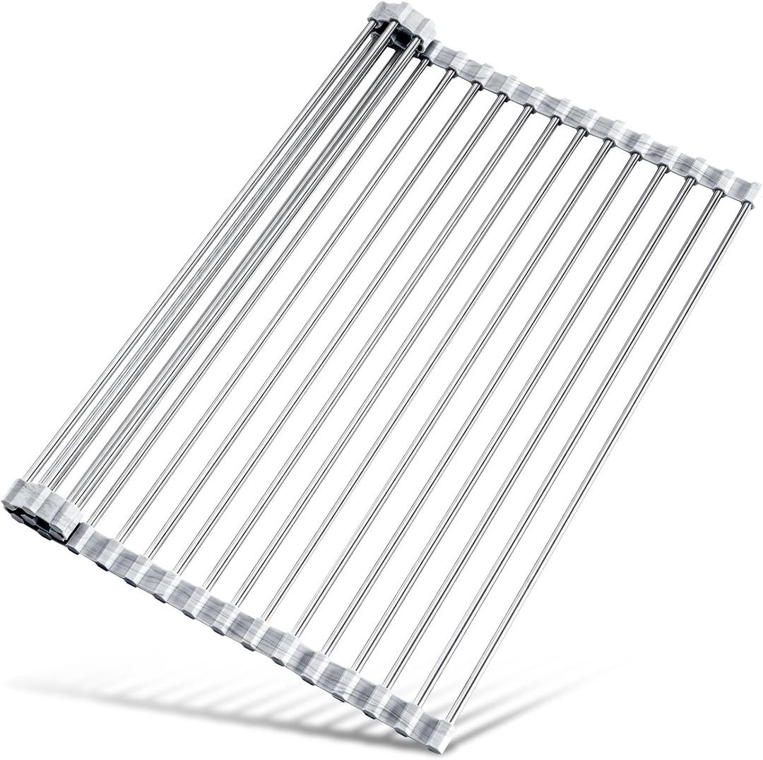 Tomorotec Stainless Steel Roll-Up Dish Drying Rack Marble Color Silicone Edges, Foldable Kitchen Rack Heat Resistant Trivet Supports up to 70 lbs, Food Safe for Dishes, Cookware & More, 21 x 15.5 in