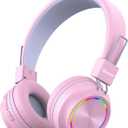 iClever BTH03 Kids Bluetooth Headphones, Colorful LED Lights, 35H Playtime, Bluetooth 5.4, Type C Fast Charging, Safe Volume, Stereo Sound Mic, On Ear Kids Wireless Headphones for iPad Airplane, Pink
